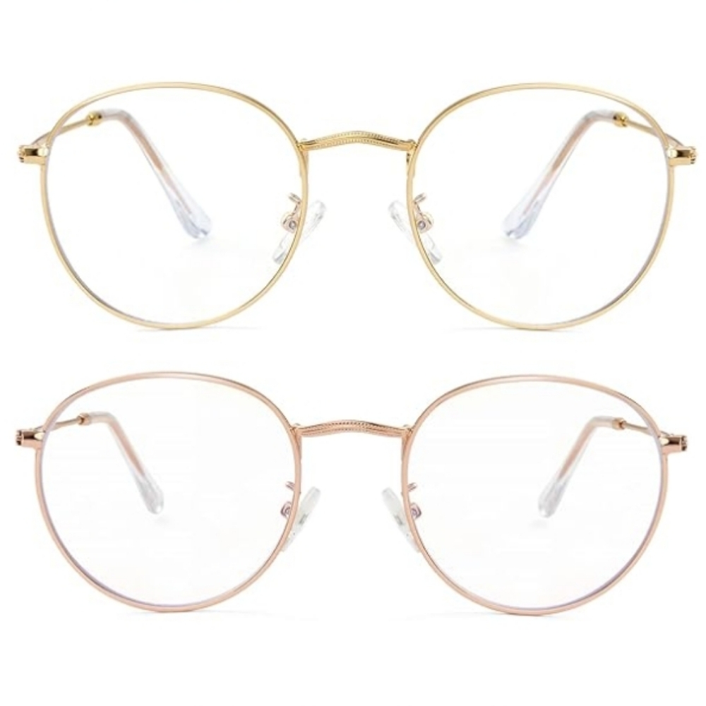 (SET OF 2) Round Blue Light Blocking  Non-Prescription Eyeglasses Pink Gold